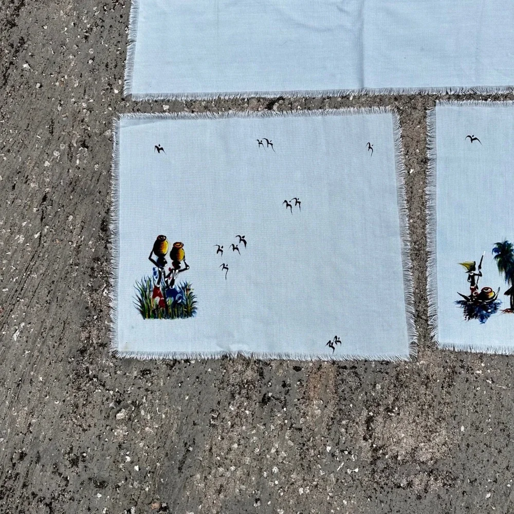 Vintage African Village Scenic Tablecloth 12 Placemats Set Fringed Blue Large